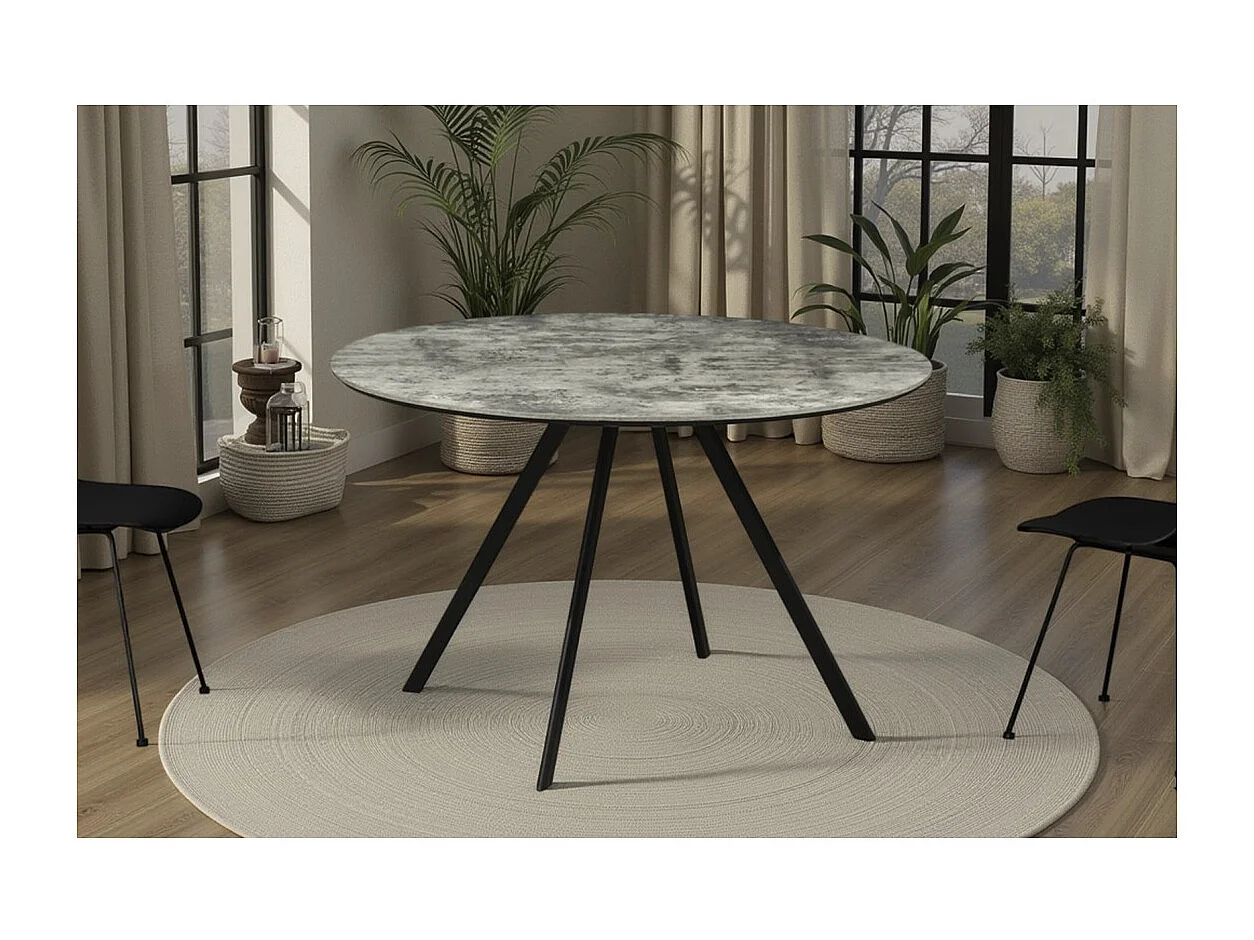 Table de salle à manger SOREN – Aspect pierre et métal – 120 cm – Ronde – Style moderne
