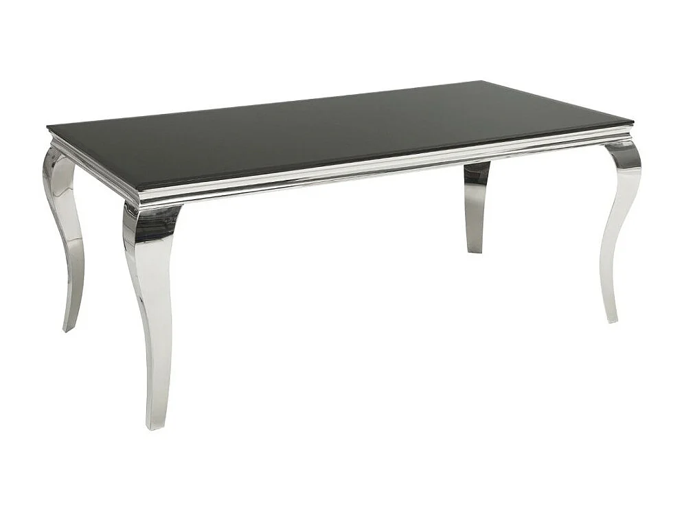 Table de salle à manger VELENA 180 cm – Plateau en verre noir et structure en acier argenté poli