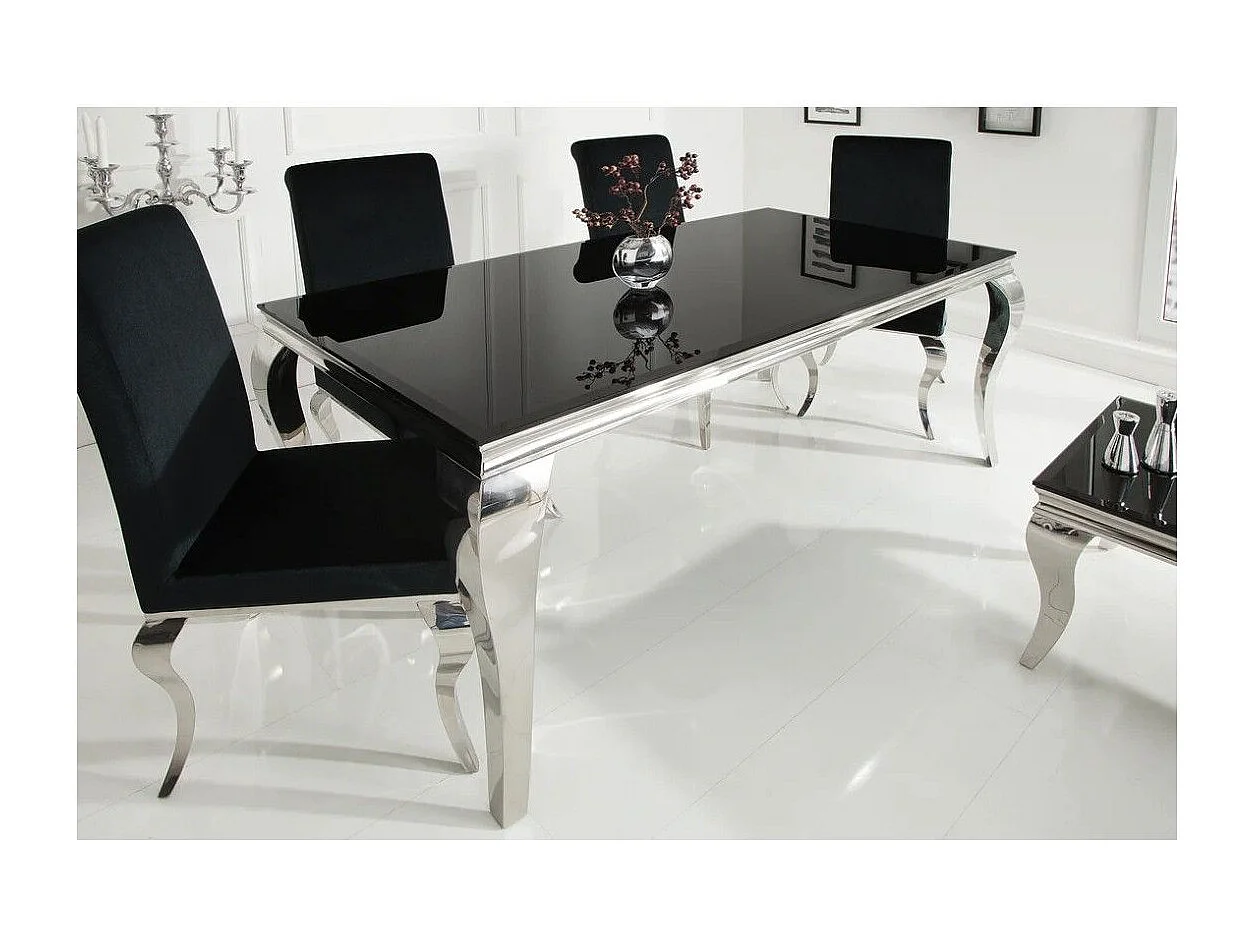 Table de salle à manger VELENA 180 cm – Plateau en verre noir et structure en acier argenté poli