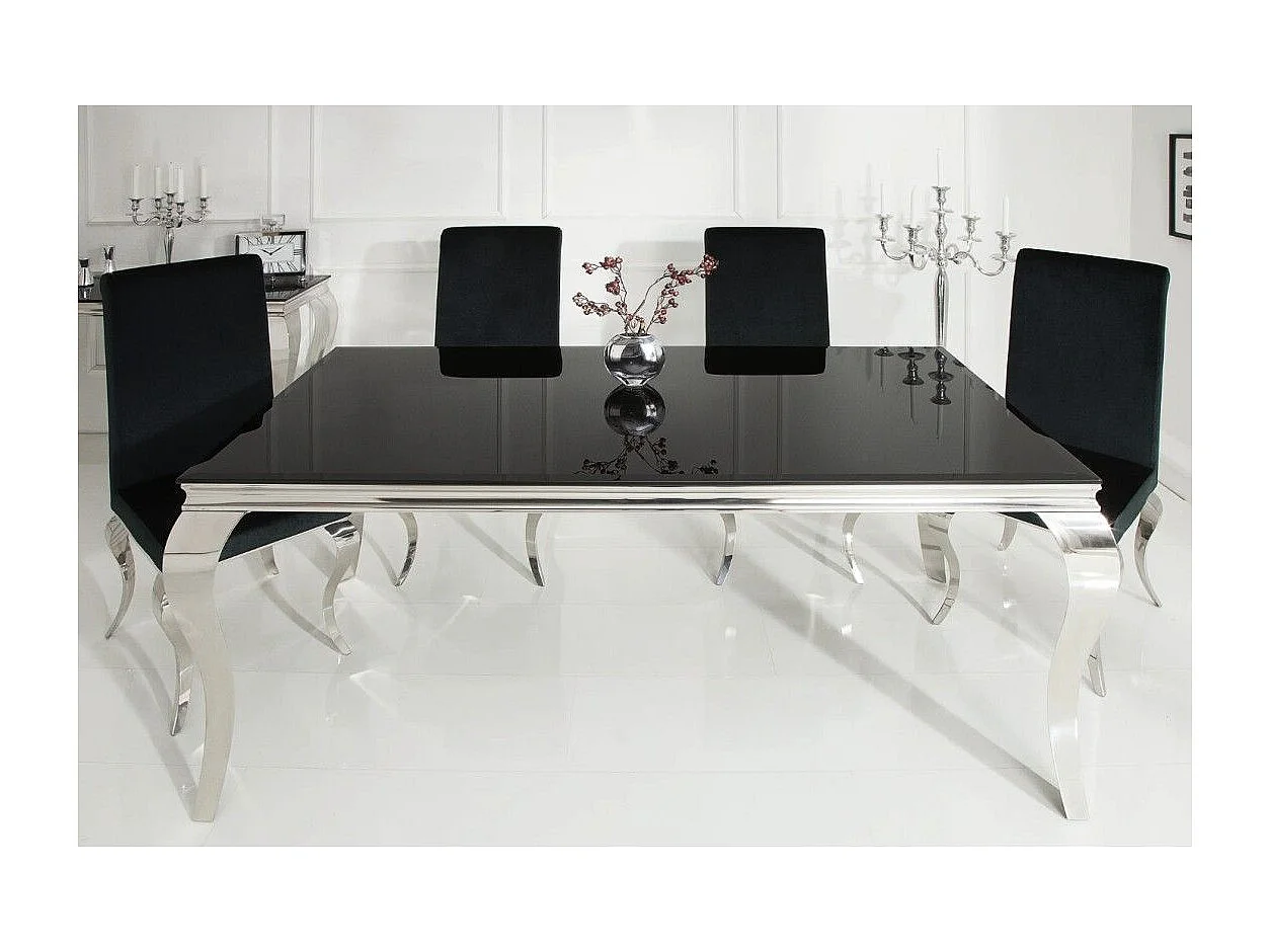 Table de salle à manger VELENA 180 cm – Plateau en verre noir et structure en acier argenté poli