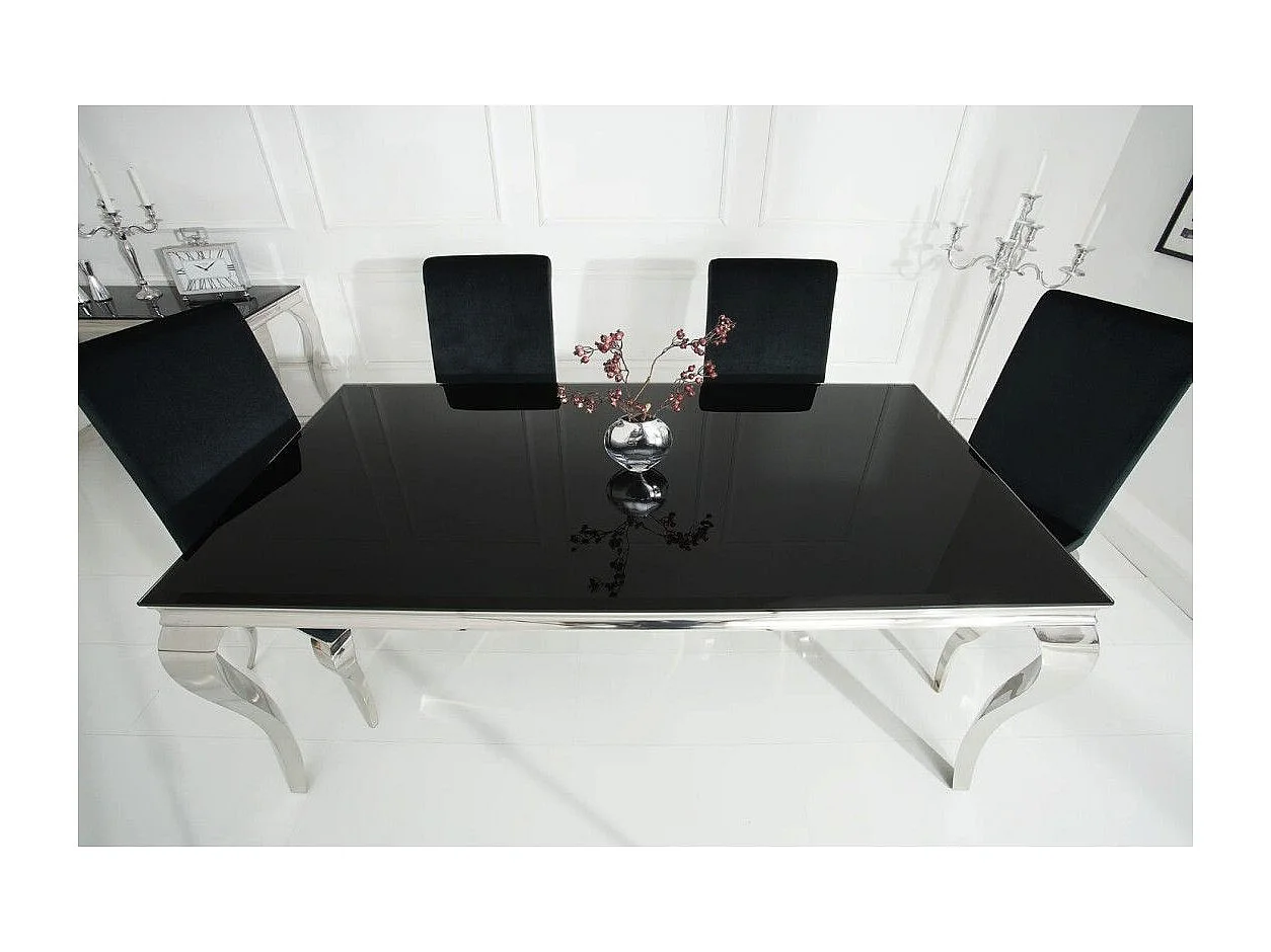 Table de salle à manger VELENA 180 cm – Plateau en verre noir et structure en acier argenté poli