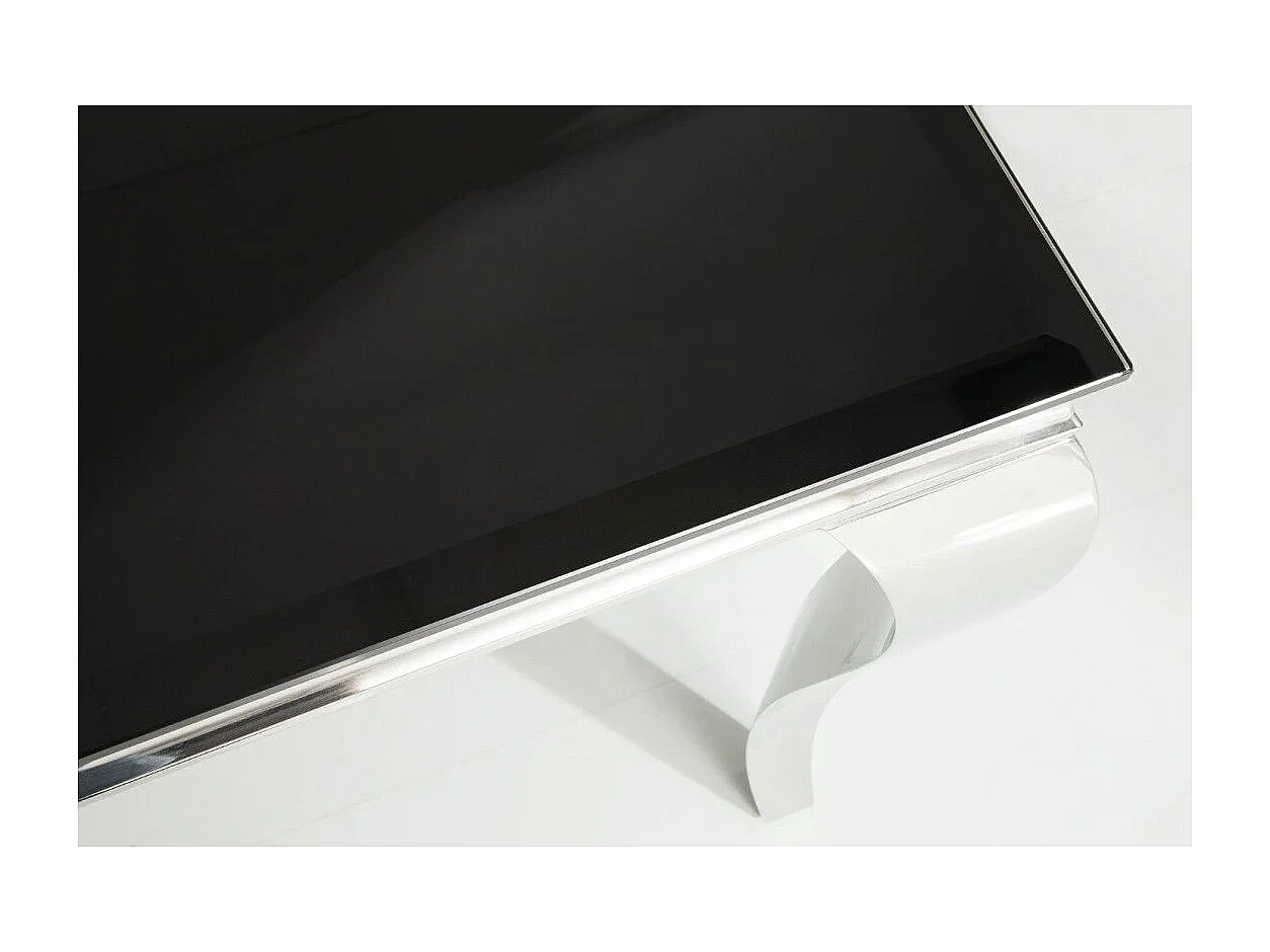 Table de salle à manger VELENA 180 cm – Plateau en verre noir et structure en acier argenté poli