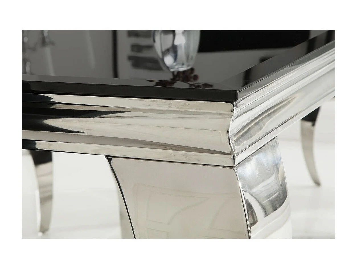 Table de salle à manger VELENA 180 cm – Plateau en verre noir et structure en acier argenté poli