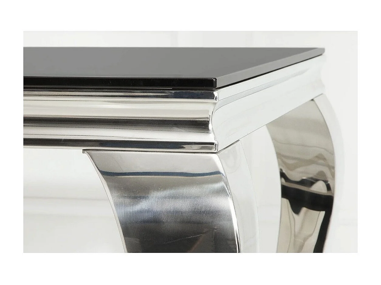 Table de salle à manger VELENA 180 cm – Plateau en verre noir et structure en acier argenté poli