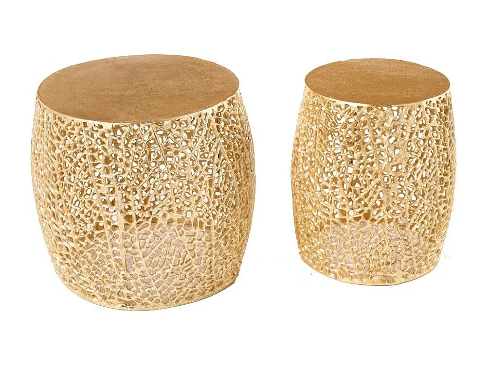 Lot de 2 tables basses METRIX bronze avec petit motif arrondi – Tables basses design en aluminium et plateau aspect bois