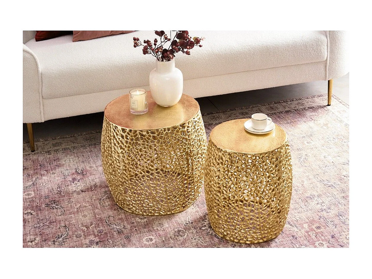 Lot de 2 tables basses METRIX bronze avec petit motif arrondi – Tables basses design en aluminium et plateau aspect bois