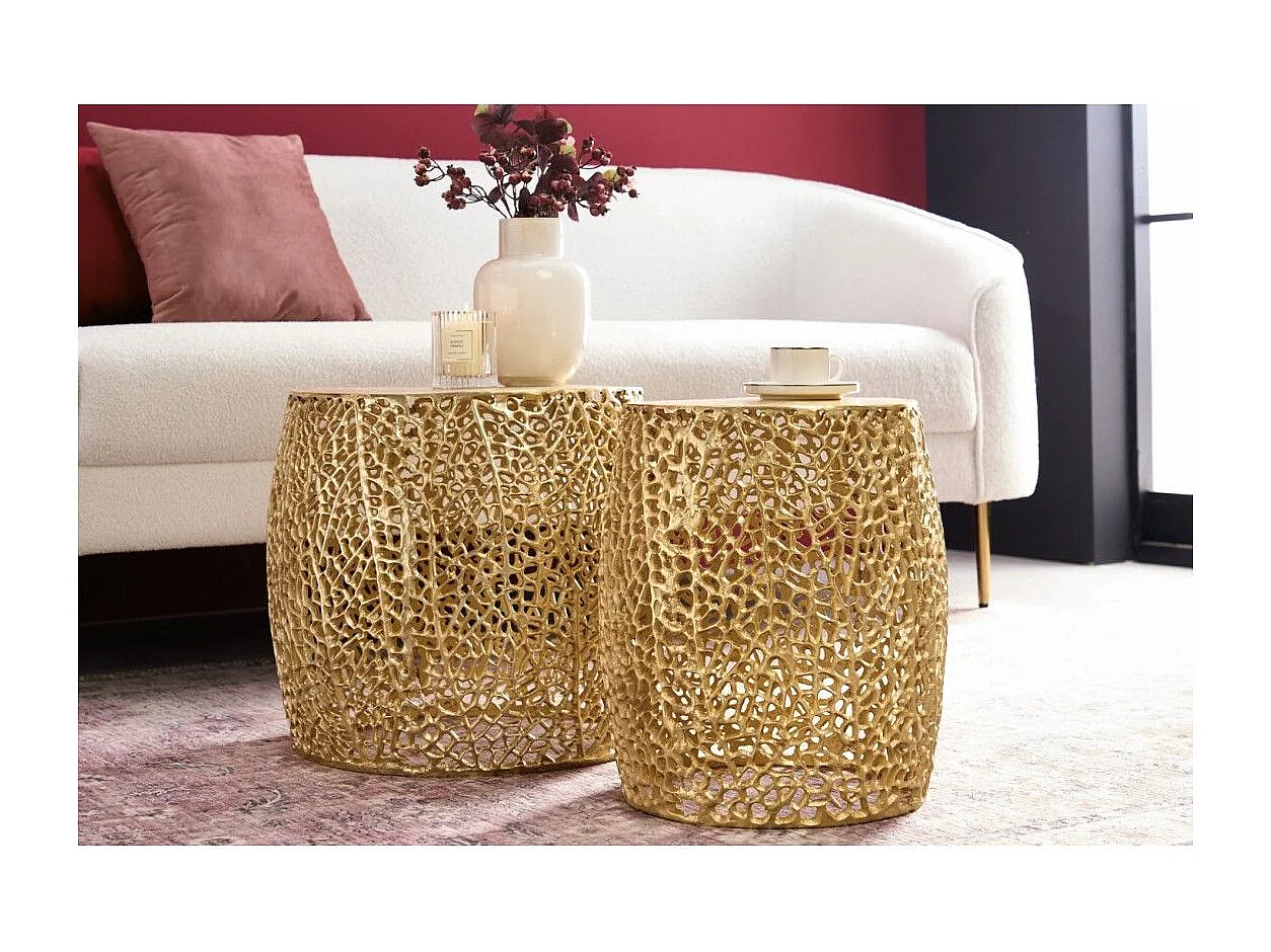 Lot de 2 tables basses METRIX bronze avec petit motif arrondi – Tables basses design en aluminium et plateau aspect bois