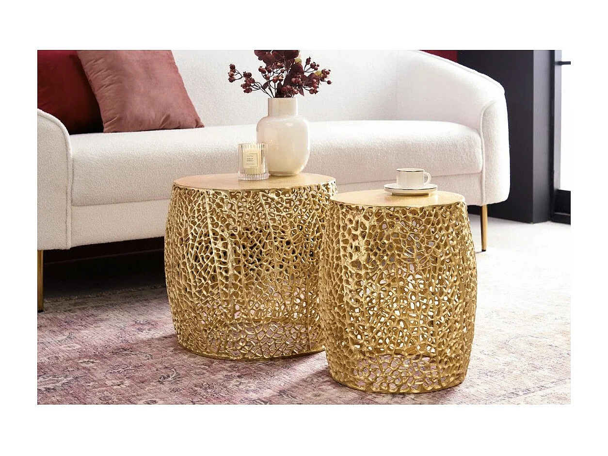 Lot de 2 tables basses METRIX bronze avec petit motif arrondi – Tables basses design en aluminium et plateau aspect bois