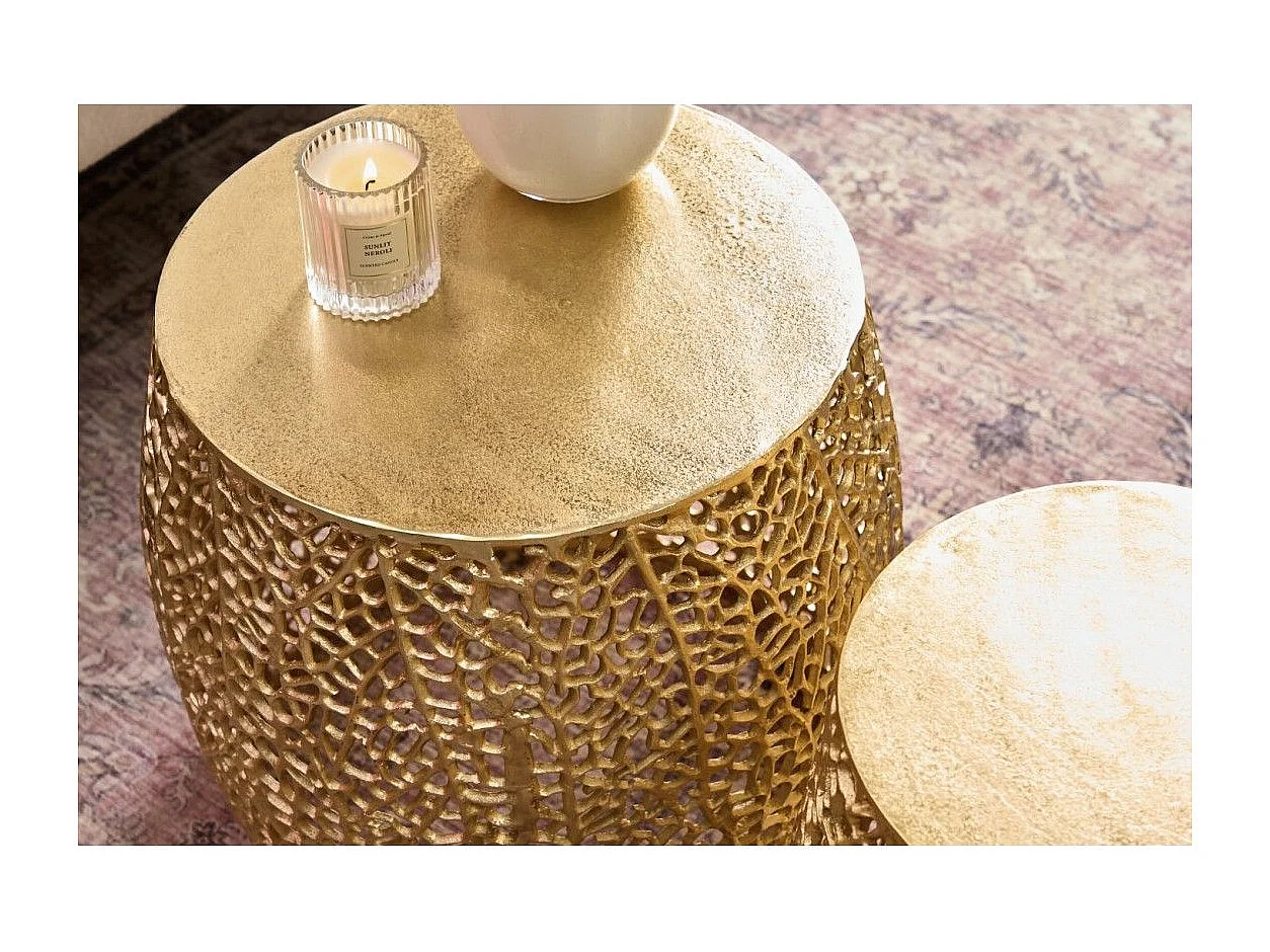 Lot de 2 tables basses METRIX bronze avec petit motif arrondi – Tables basses design en aluminium et plateau aspect bois