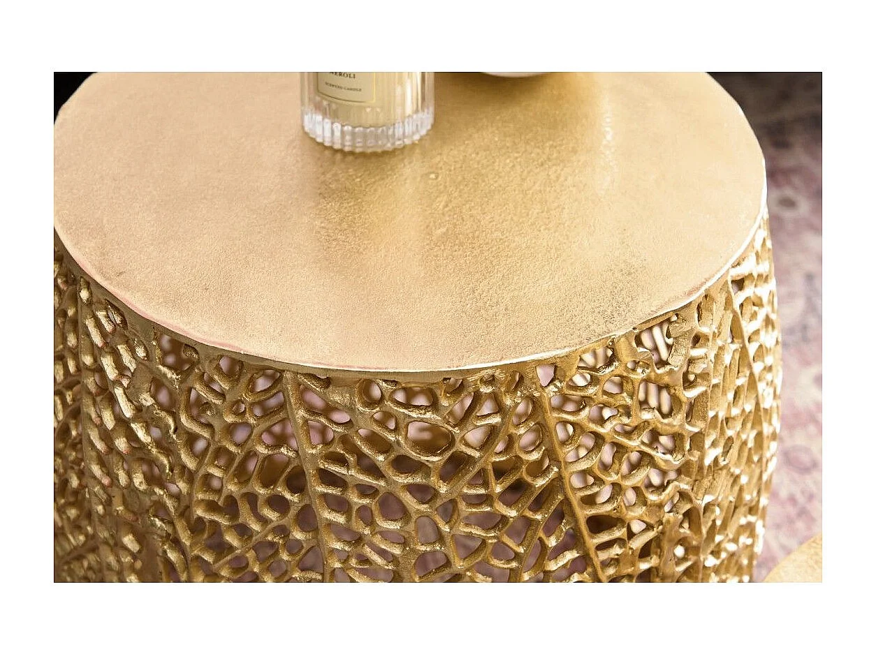 Lot de 2 tables basses METRIX bronze avec petit motif arrondi – Tables basses design en aluminium et plateau aspect bois