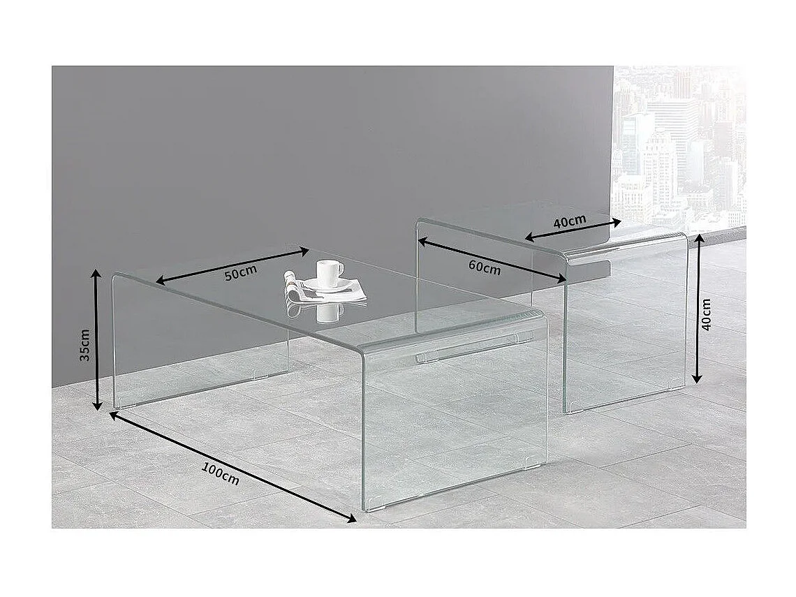 Tables basses empilables HOLOW – Lot de 2 tables basses design en verre trempé