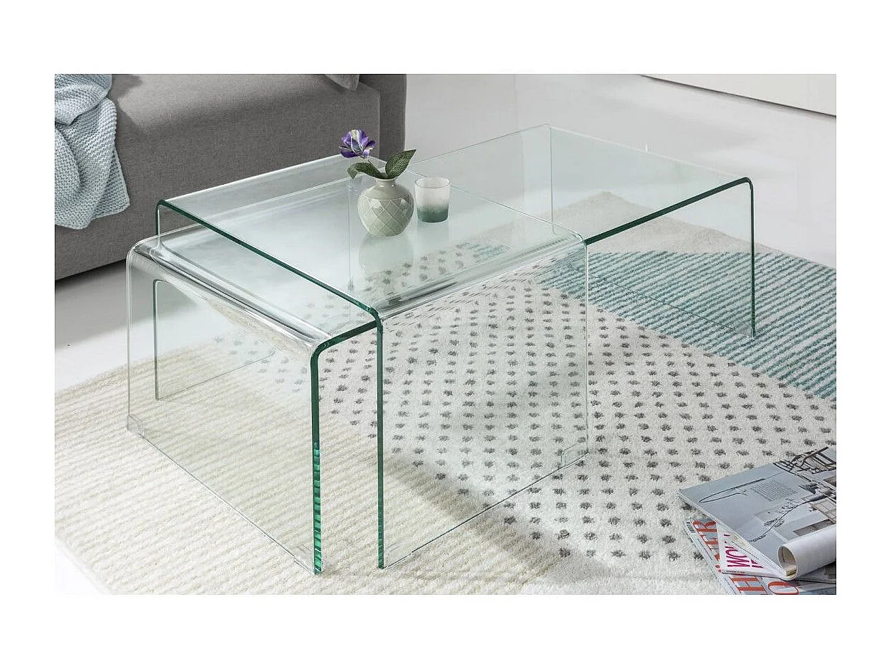 Tables basses empilables HOLOW – Lot de 2 tables basses design en verre trempé