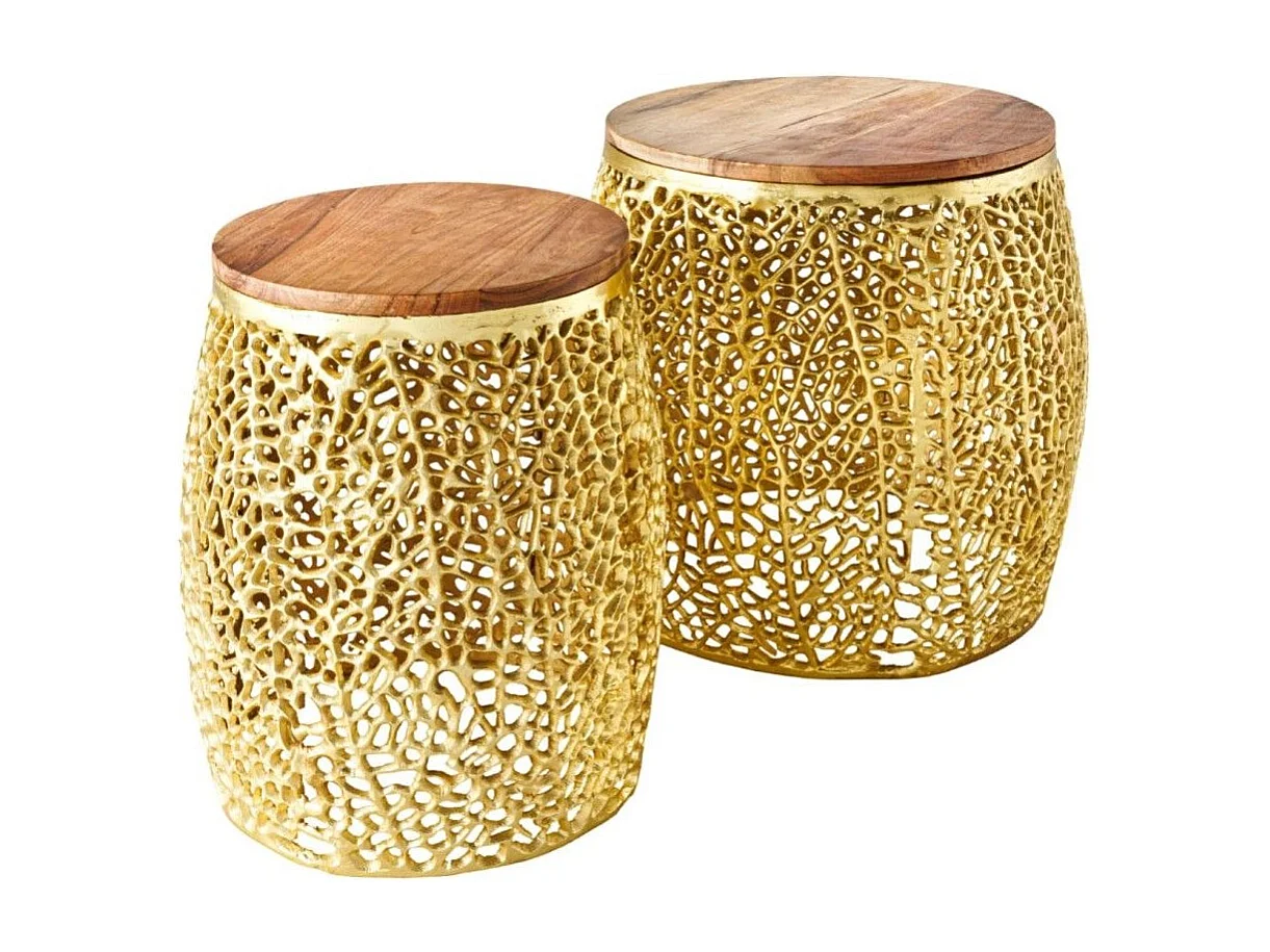 Lot de 2 tables basses METRIX dorées avec petit motif arrondi – Tables basses design en aluminium et bois d'acacia