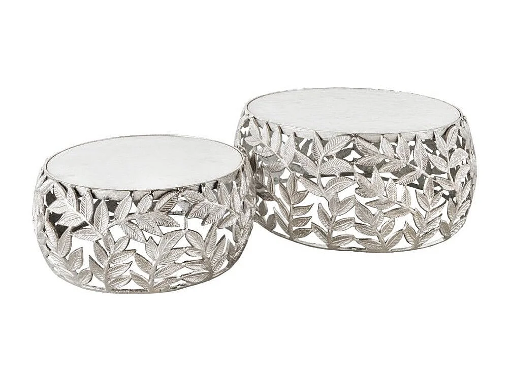 Set von 2 silbernen METRIX Couchtischen mit Marmorplatte – Design-Couchtische mit Blattmotiv