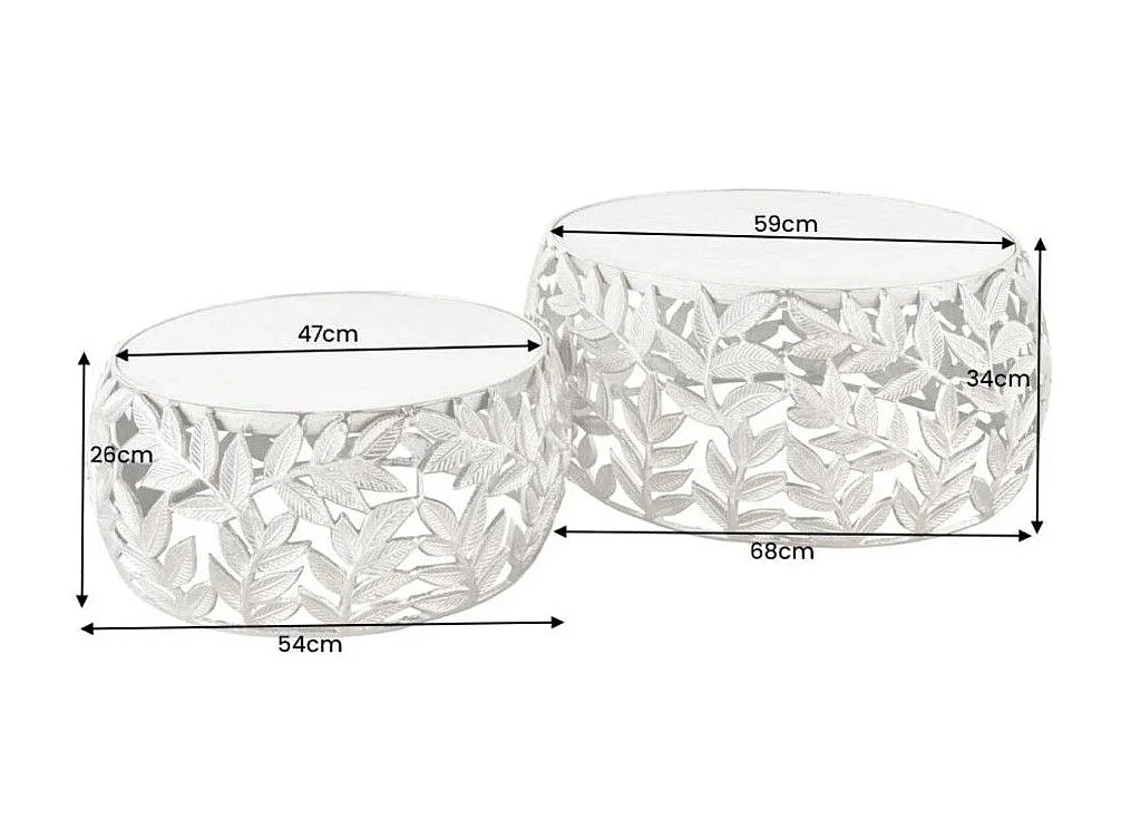 Set von 2 silbernen METRIX Couchtischen mit Marmorplatte – Design-Couchtische mit Blattmotiv