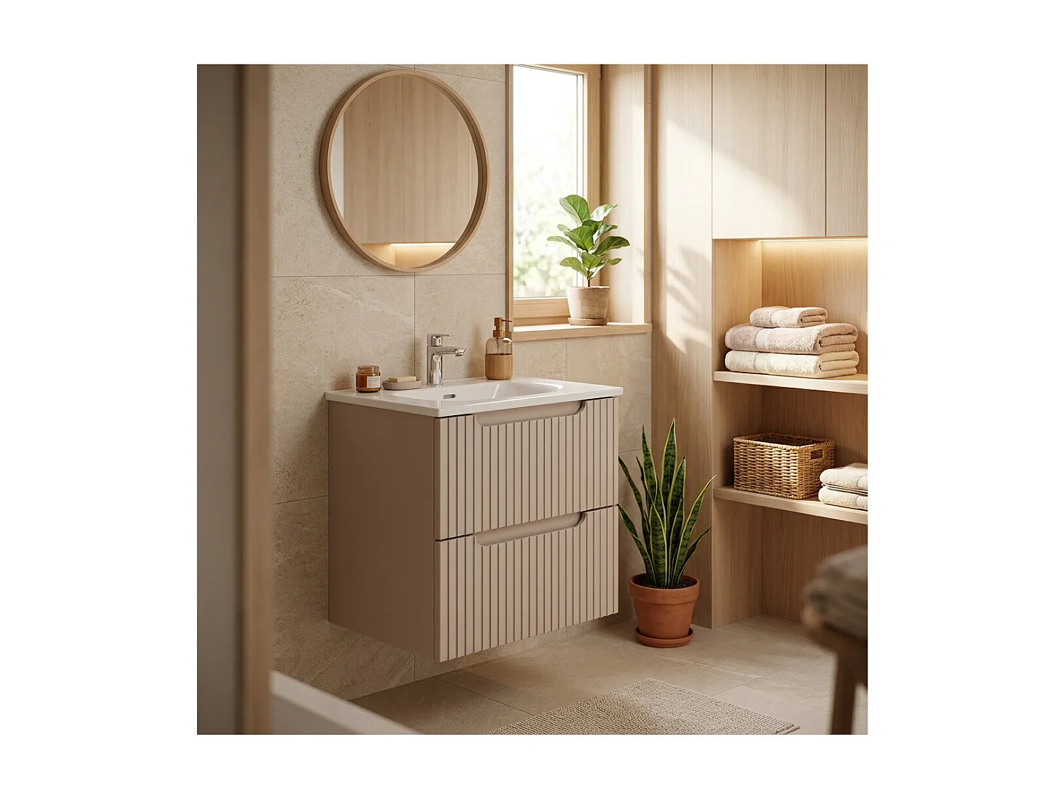 Ensemble VANO cachemire et blanc 50cm : meuble sous vasque à tiroirs rainuré verticalement + vasque encastrée blanche