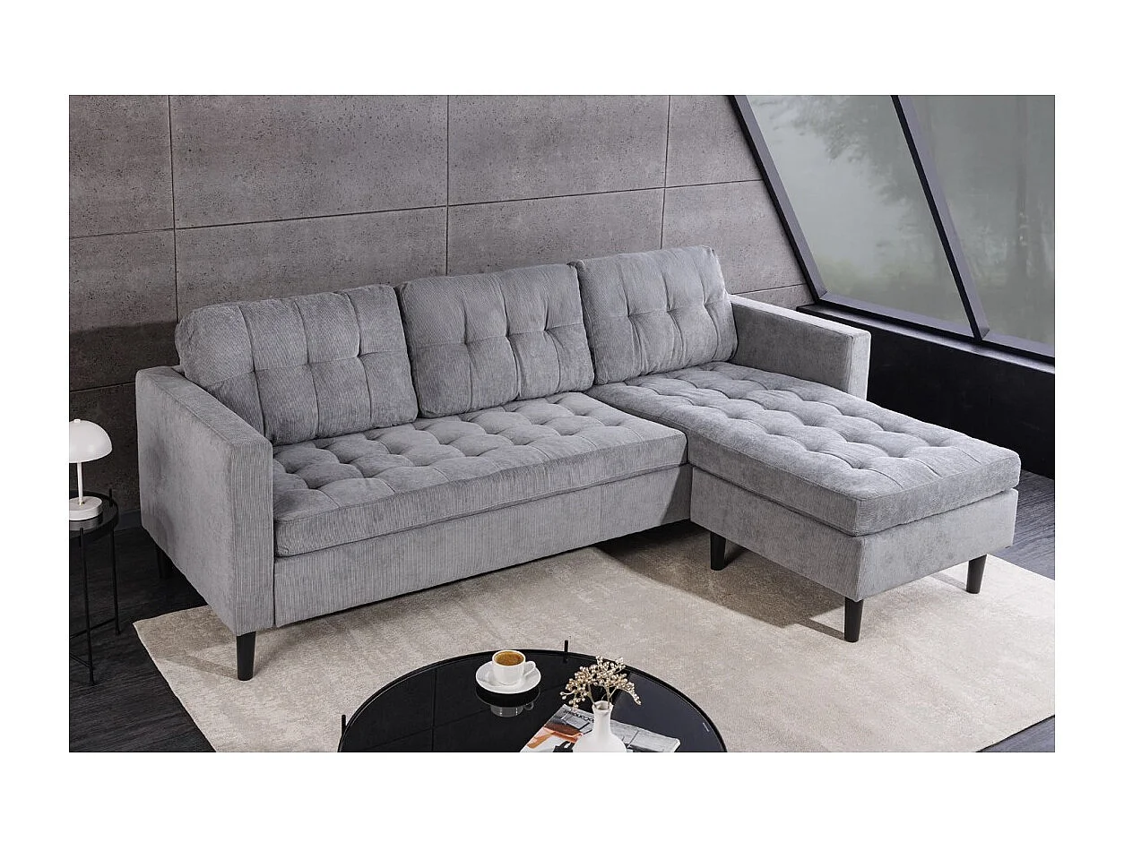 Canapé d'angle CITY gris clair réversible – Canapé contemporain en tissu côtelé