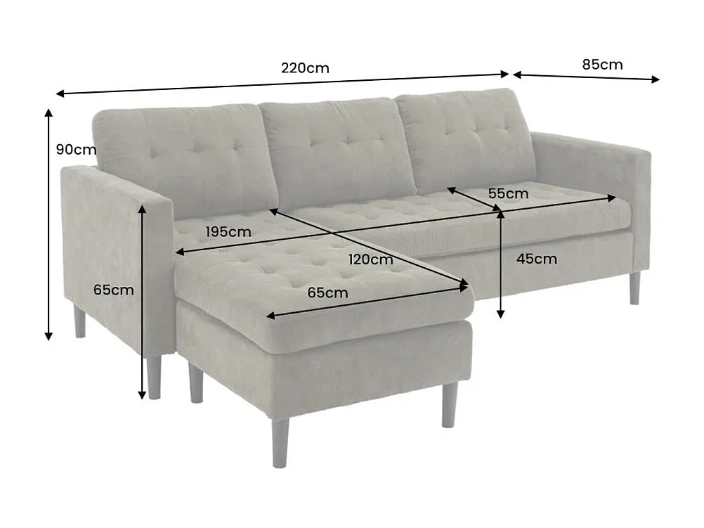 Canapé d'angle CITY gris clair réversible – Canapé contemporain en tissu côtelé