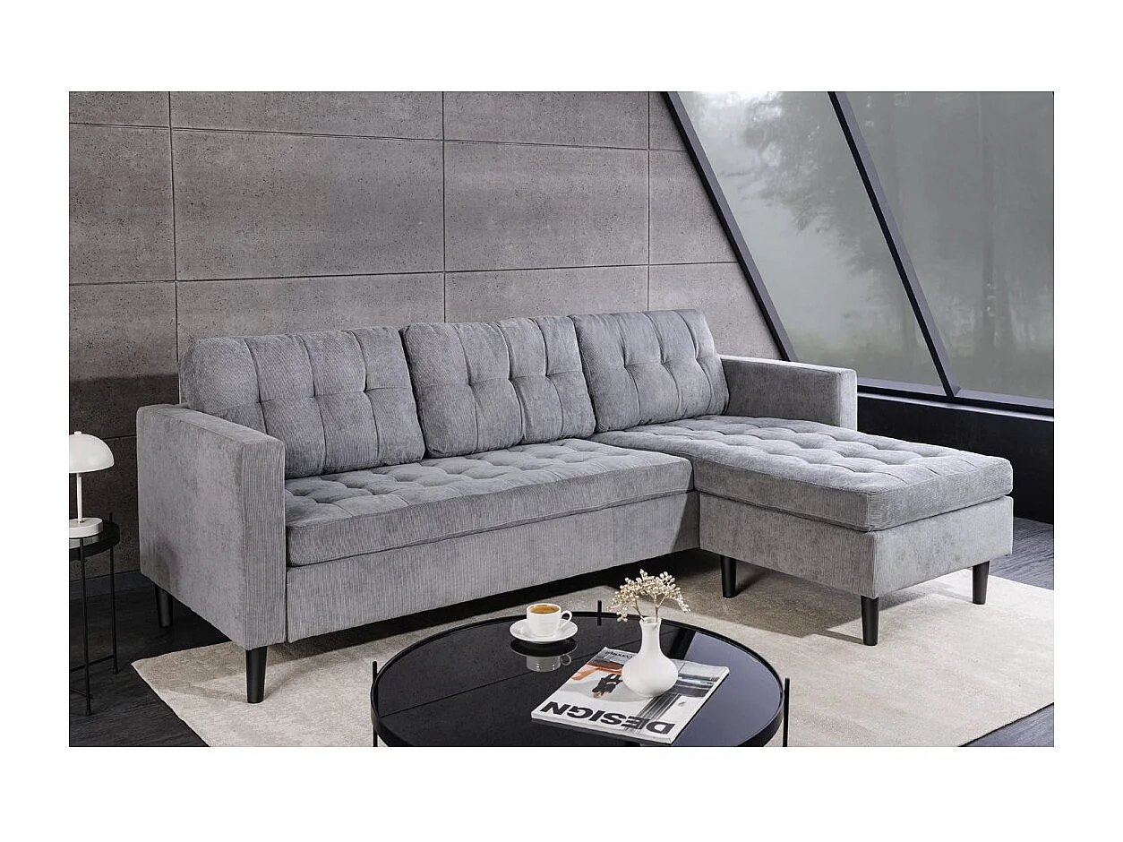 Canapé d'angle CITY gris clair réversible – Canapé contemporain en tissu côtelé
