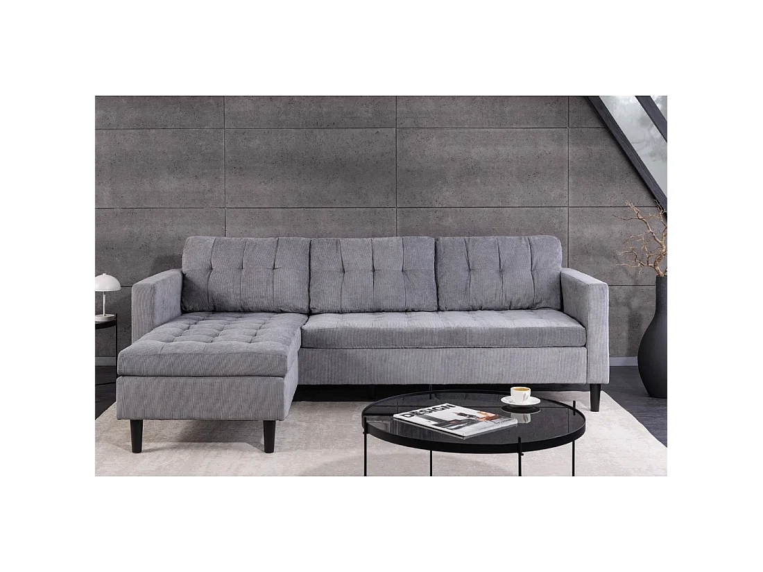 Canapé d'angle CITY gris clair capitonné réversible – Canapé contemporain en tissu côtelé