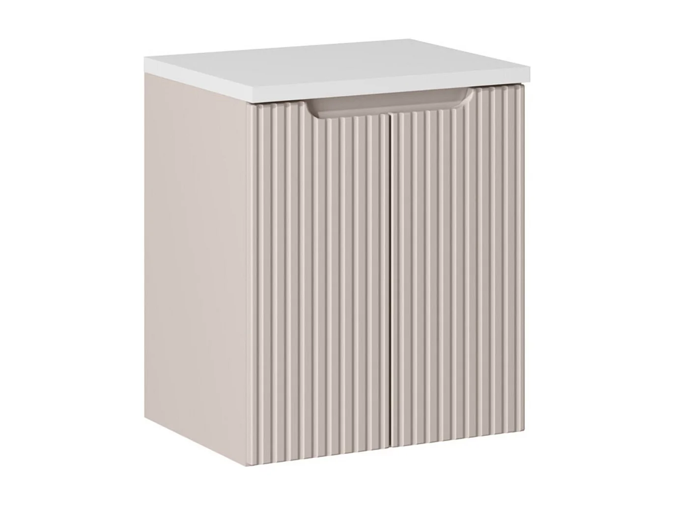 Ensemble VANO cachemire et blanc 50cm : meuble sous vasque à placards rainuré verticalement + plan pour vasque blanc mat