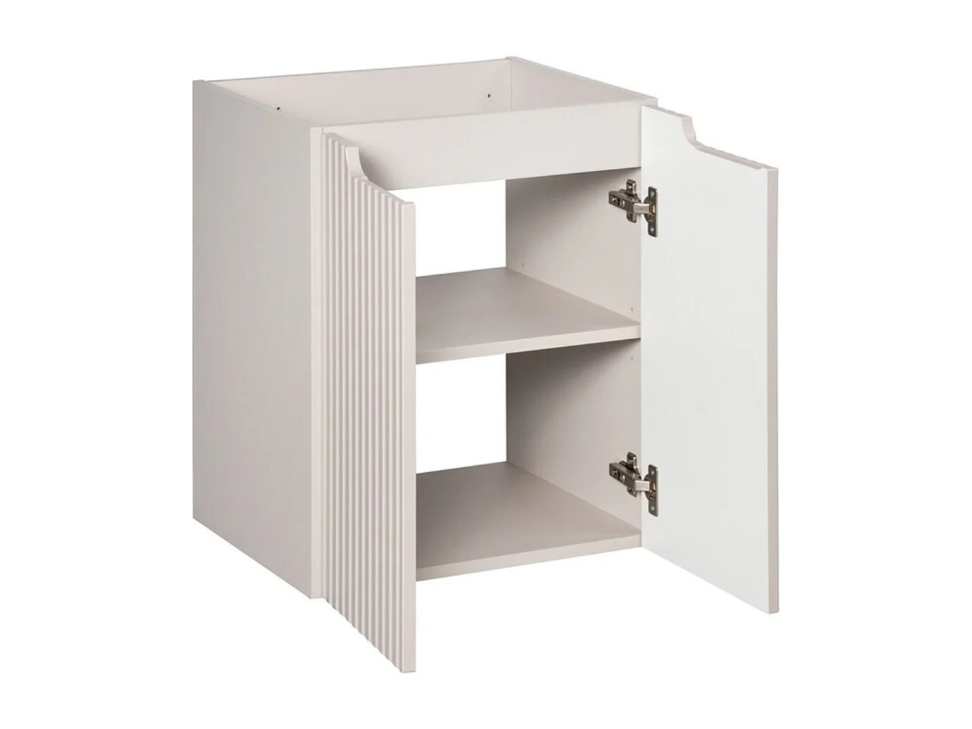 Ensemble VANO cachemire et blanc 50cm : meuble sous vasque à placards rainuré verticalement + plan pour vasque blanc mat