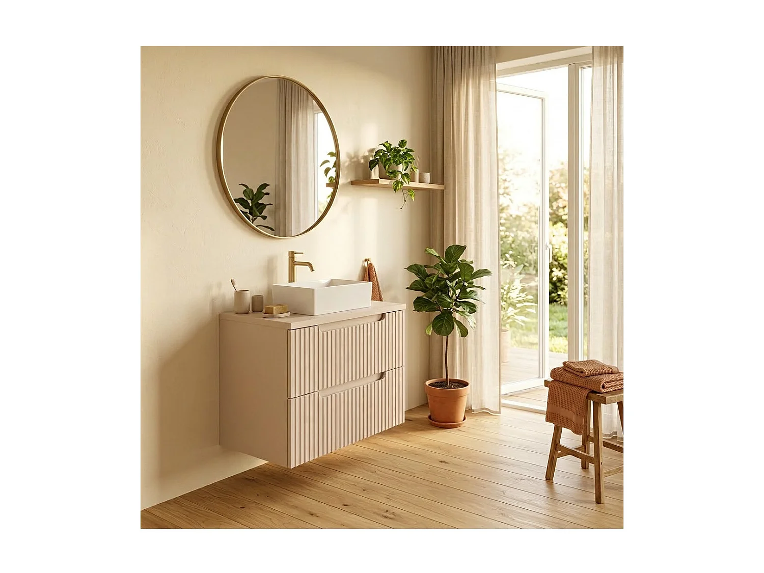 Ensemble de salle de bain VANO cachemire mat 50cm : meuble sous vasque à tiroirs rainuré verticalement + plan pour vasque