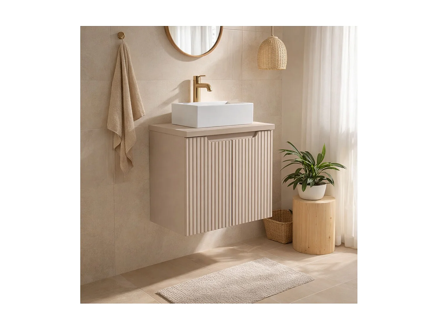 Ensemble de salle de bain VANO cachemire mat 50cm : meuble sous vasque à placards rainuré verticalement + plan pour vasque