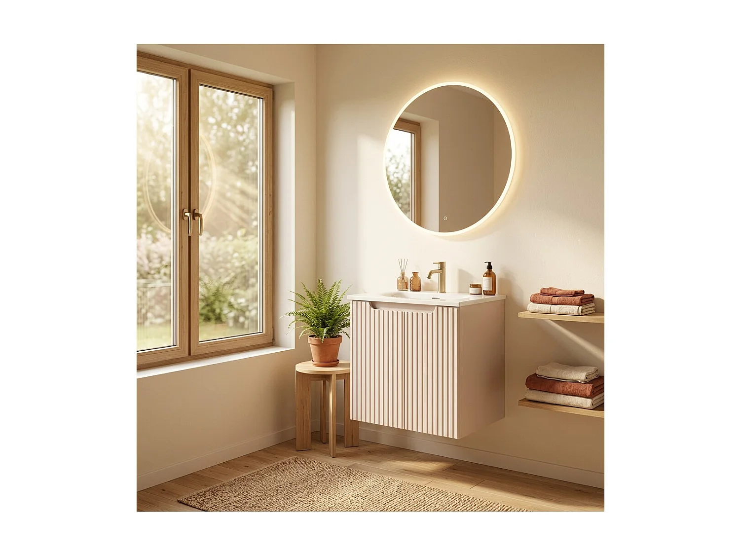 Ensemble VANO cachemire et blanc 50cm : meuble sous vasque à placards rainuré verticalement + vasque encastrée blanche