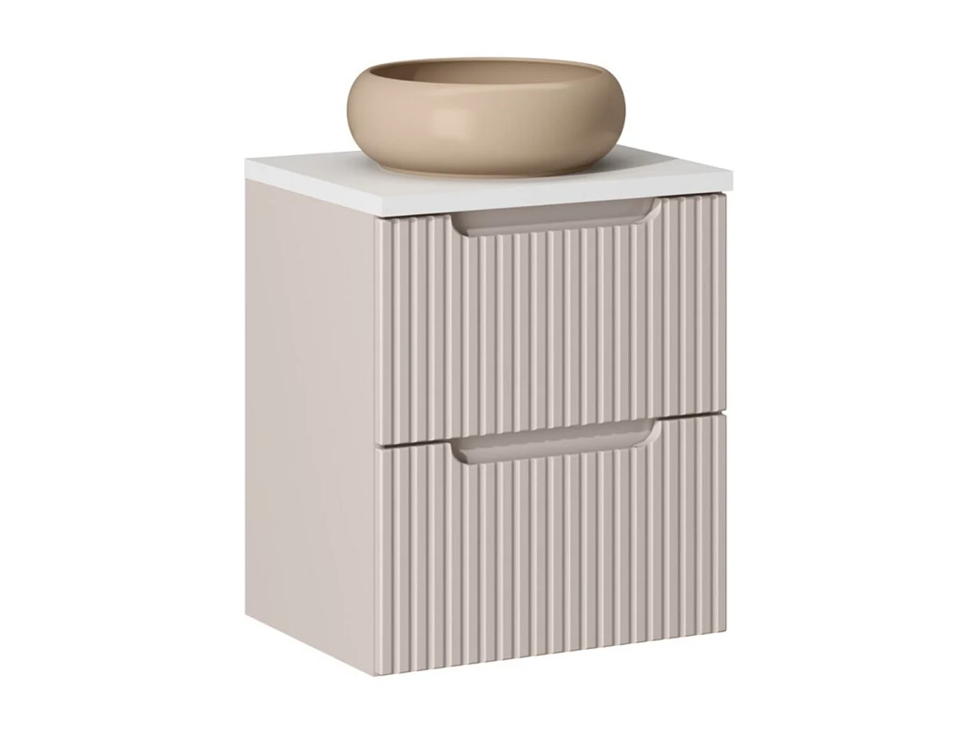 Ensemble VANO cachemire et blanc 50cm : meuble sous vasque à tiroirs + plan pour vasque + vasque ronde cappuccino à poser