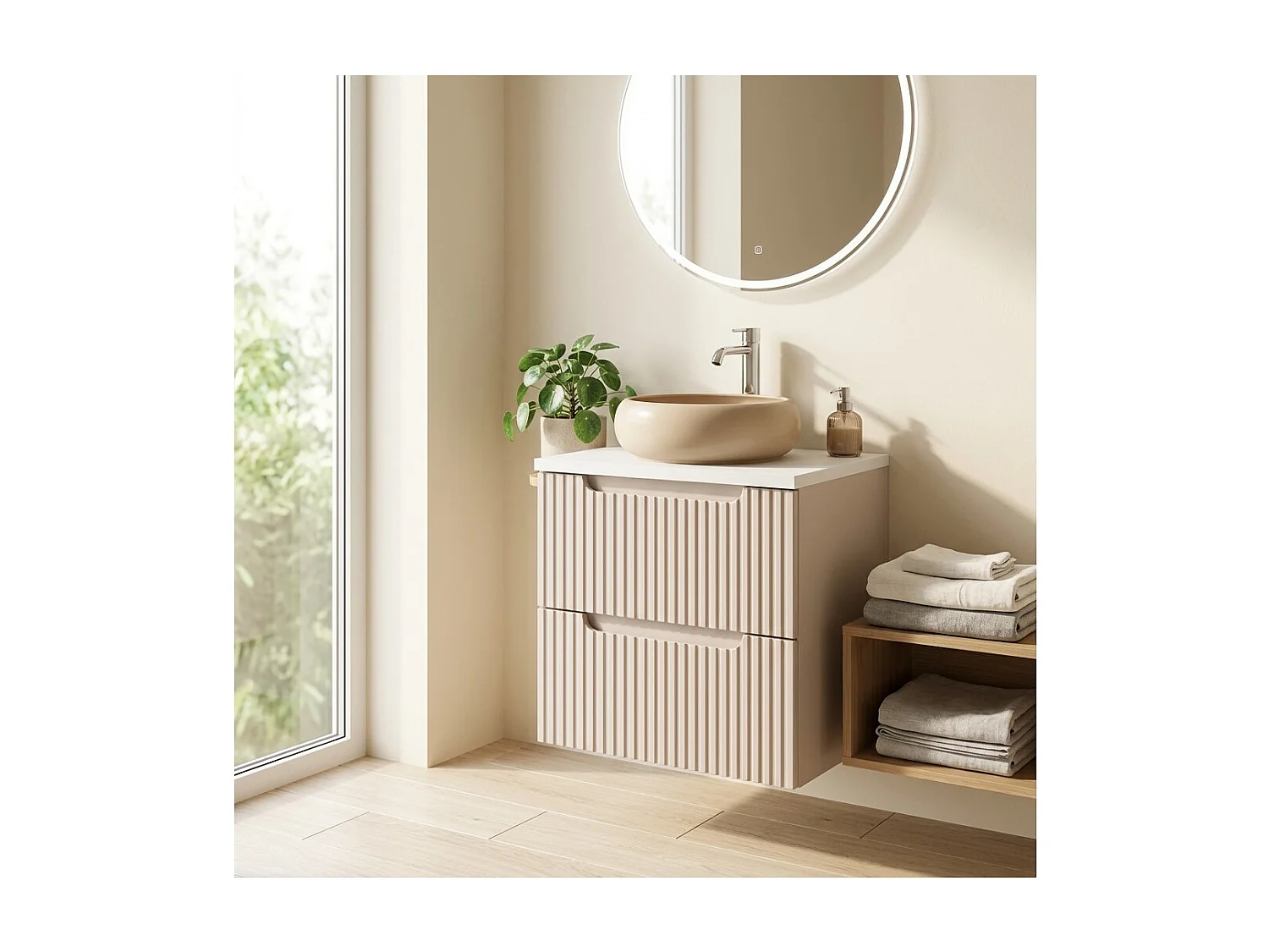 Ensemble VANO cachemire et blanc 50cm : meuble sous vasque à tiroirs + plan pour vasque + vasque ronde cappuccino à poser