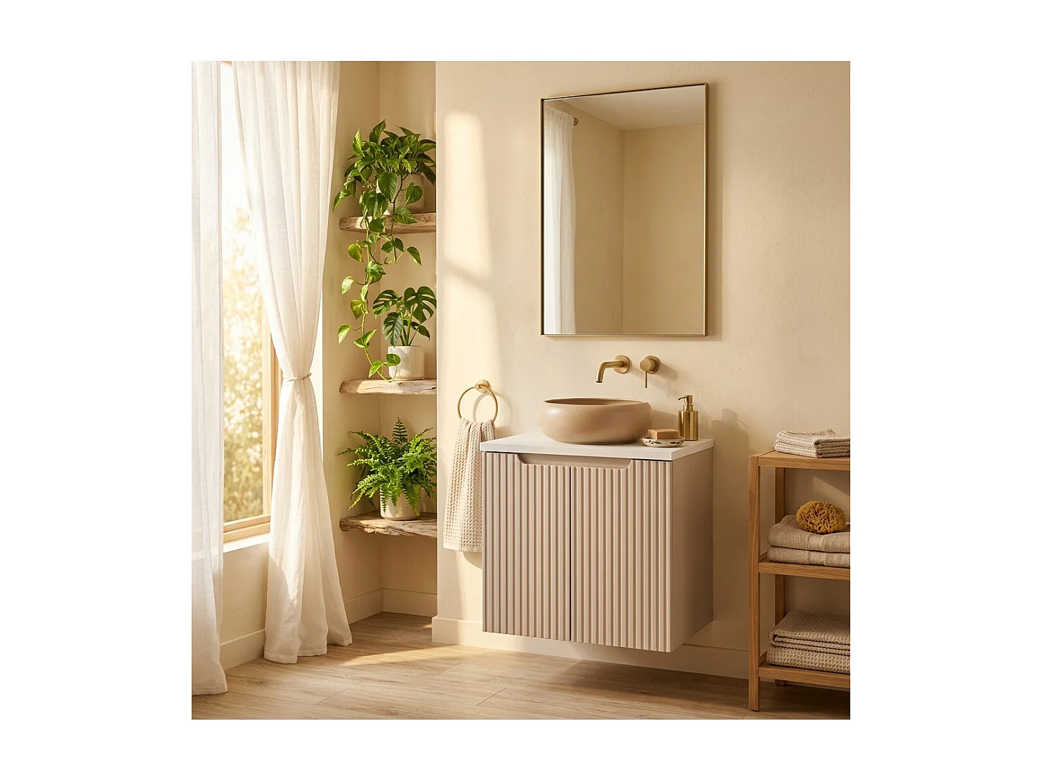 Ensemble VANO cachemire et blanc 50cm : meuble sous vasque à placards + plan pour vasque + vasque ronde cappuccino à poser