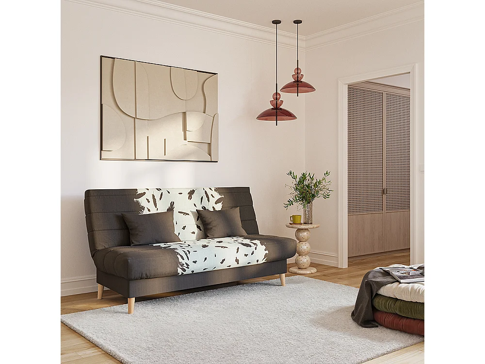 Banquette convertible SOHO clic clac, couchage 130x190 avec rangement intégré + 2 coussins OFFERTS, Taupe à motifs