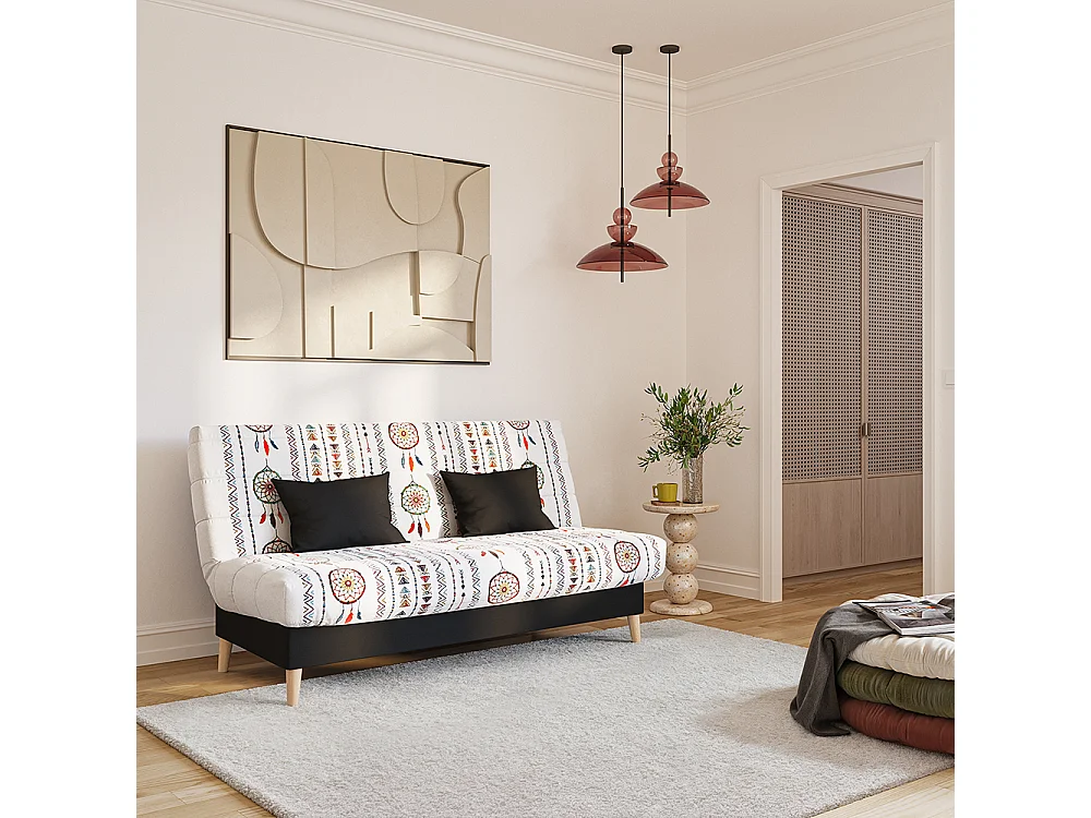 Banquette convertible SOHO clic clac, couchage 130x190 avec rangement intégré + 2 coussins OFFERTS, Blanc à motifs