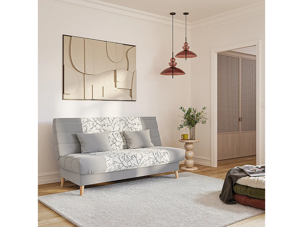 Banquette convertible SOHO clic clac, couchage 130 x 190 avec rangement intégré + 2 coussins OFFERTS, Beige à motifs