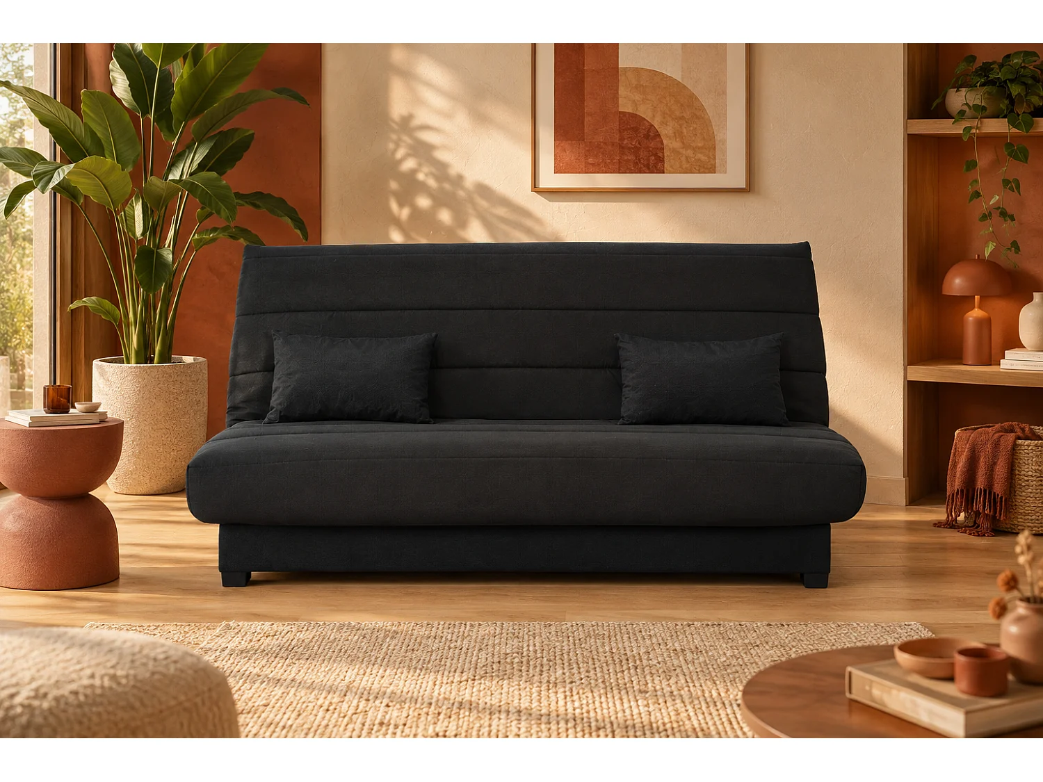 Canapé convertible 2 places clic-clac en tissu noir OLIVIA