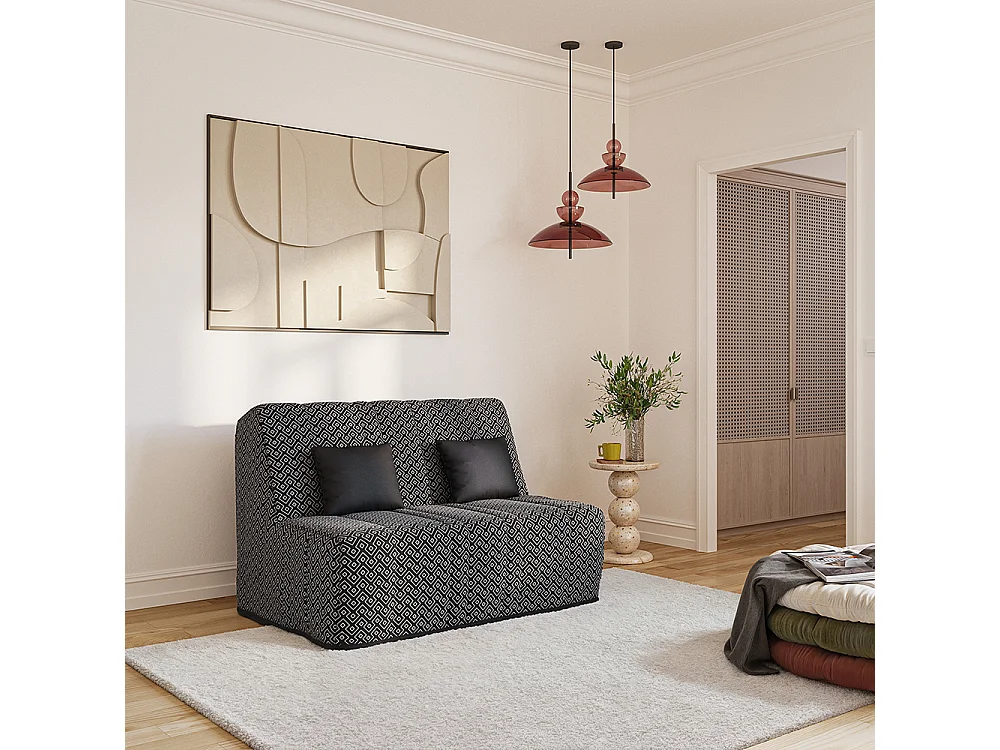 Banquette convertible NEA BZ , couchage 140x190, avec 2 coussins OFFERTS, Géometrik Noir