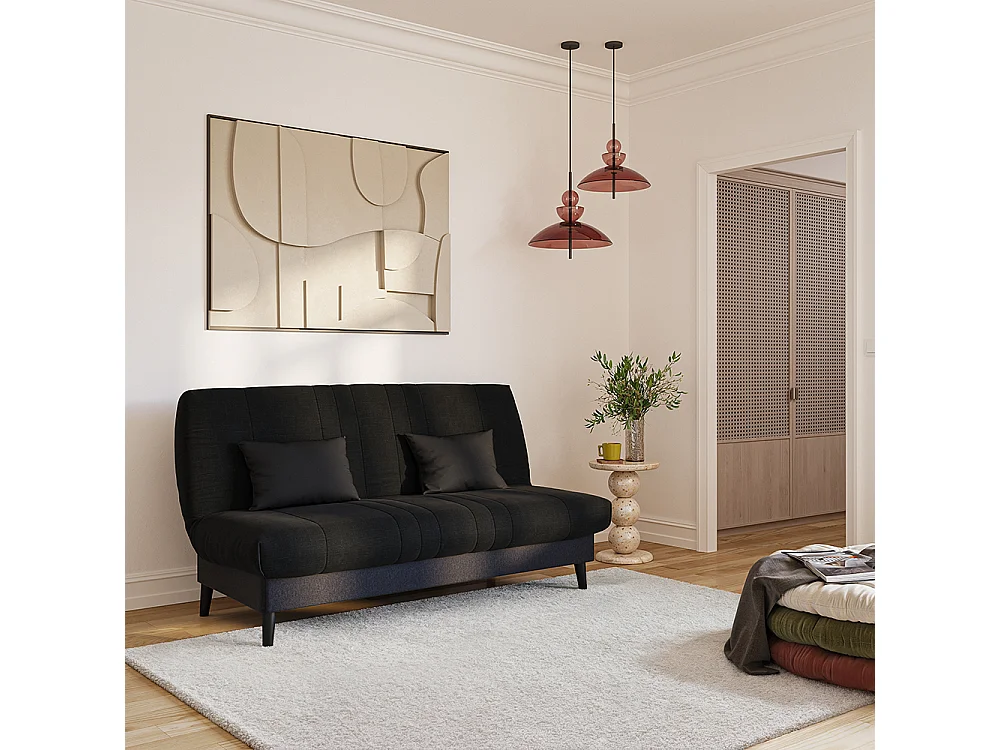 Banquette convertible Elios clic clac, couchage 130 x 190 avec rangement intégré + 2 coussins OFFERTS, Coton noir