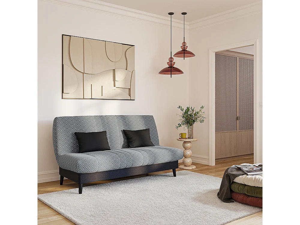 Banquette convertible Elios clic clac, couchage 130 x 190 avec rangement intégré + 2 coussins OFFERTS, Géometrik gris