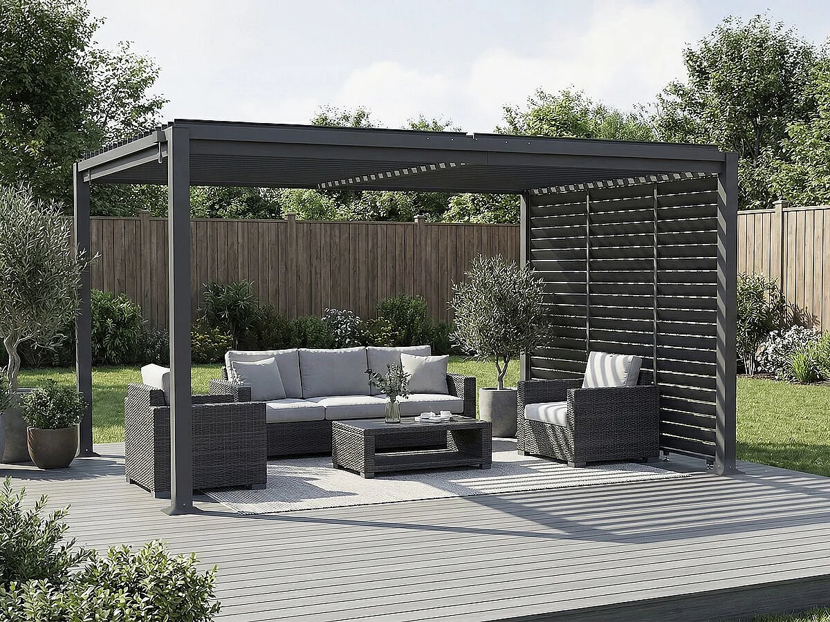Bioklimatologische pergola "Howard" met verzinkt stalen gordijn - 3 x 4 m - Grijs