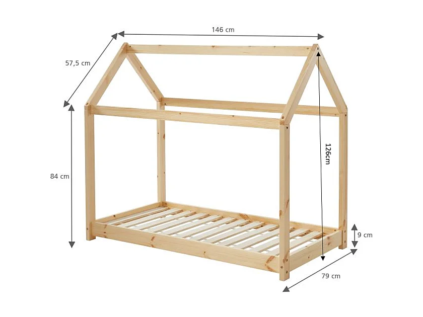 Lit enfant cabane TINY  pin naturel sommier inclus 70x140