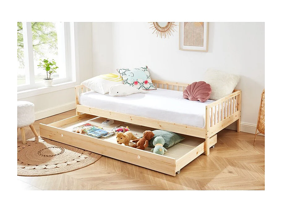 Lit enfant LOU avec tiroir  pin massif  90x190 sommier inclus