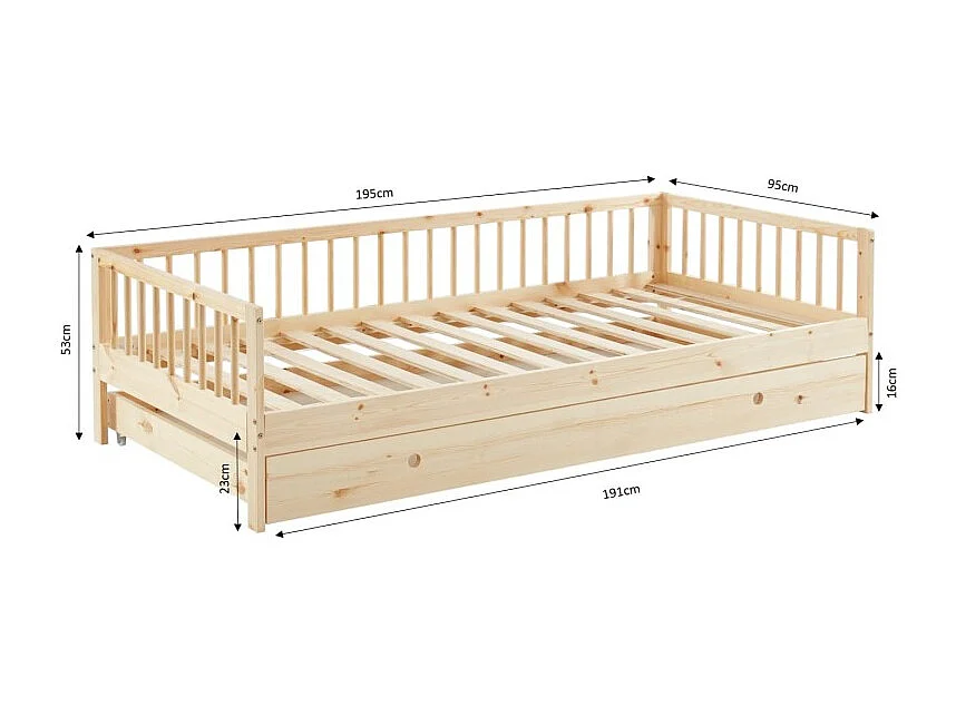 Lit enfant LOU avec tiroir  pin massif  90x190 sommier inclus