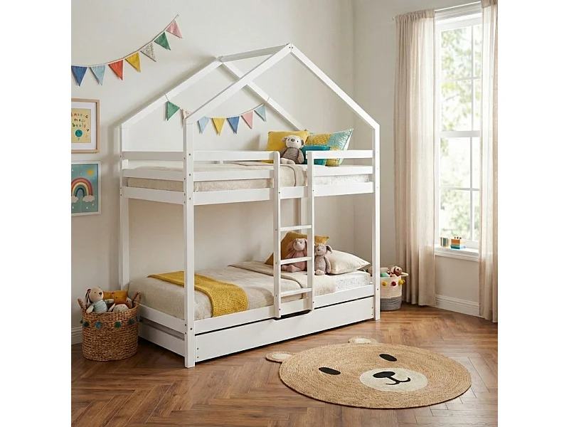 Lit cabane superposé TINY  pin blanc  90x190 sommier inclus