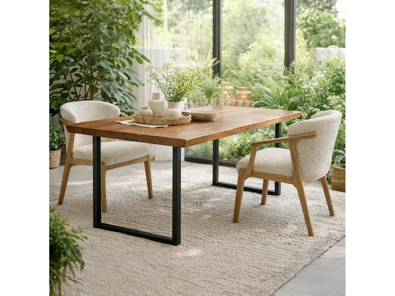 Table extensible chêne brun bords biseautés pieds en U 180 cm PALERME