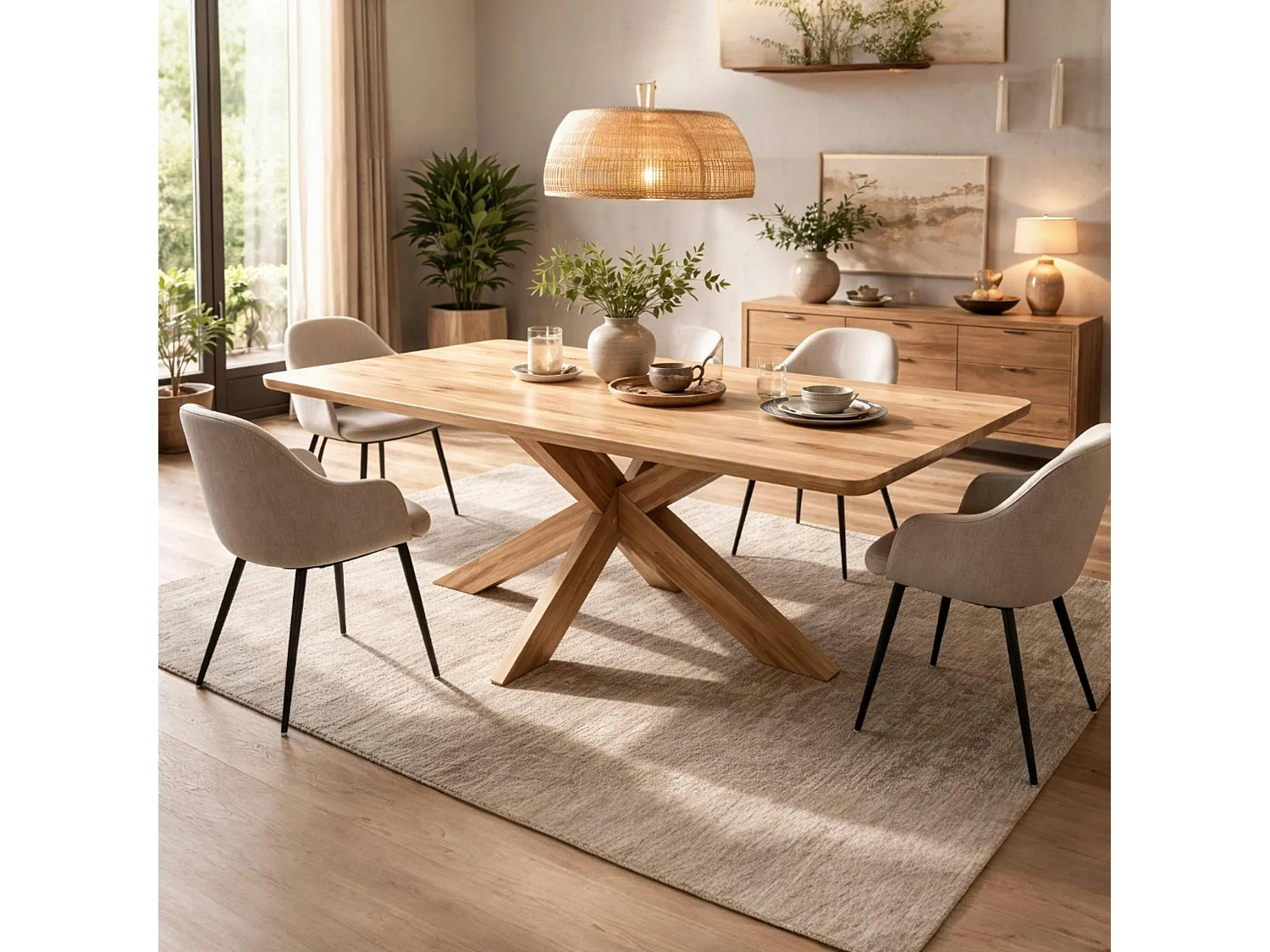 Table extensible chêne huilé bords biseautés pied bois 240 cm PALERME