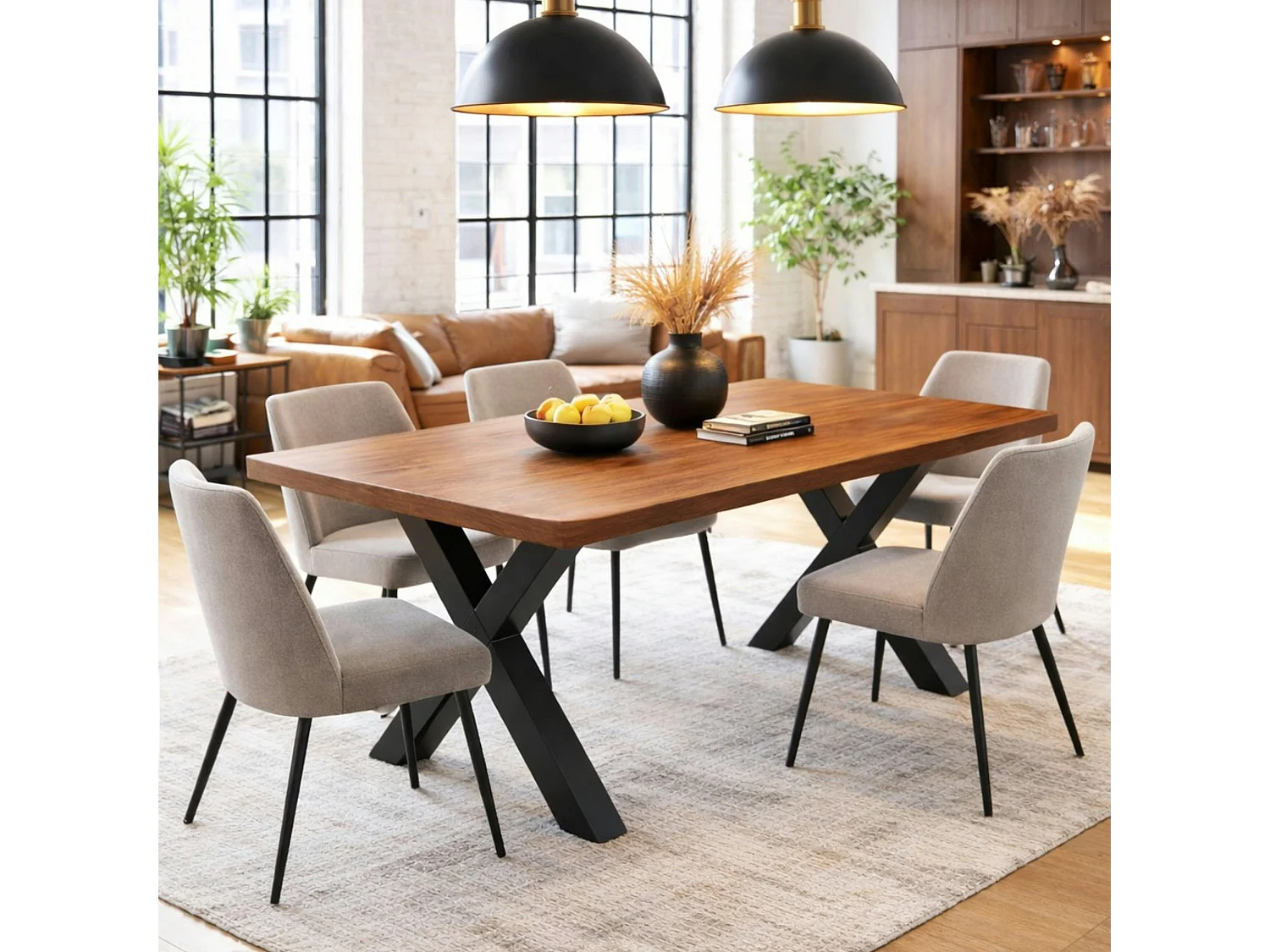 Table extensible chêne brun bords biseautés pieds en X 220 cm PALERME