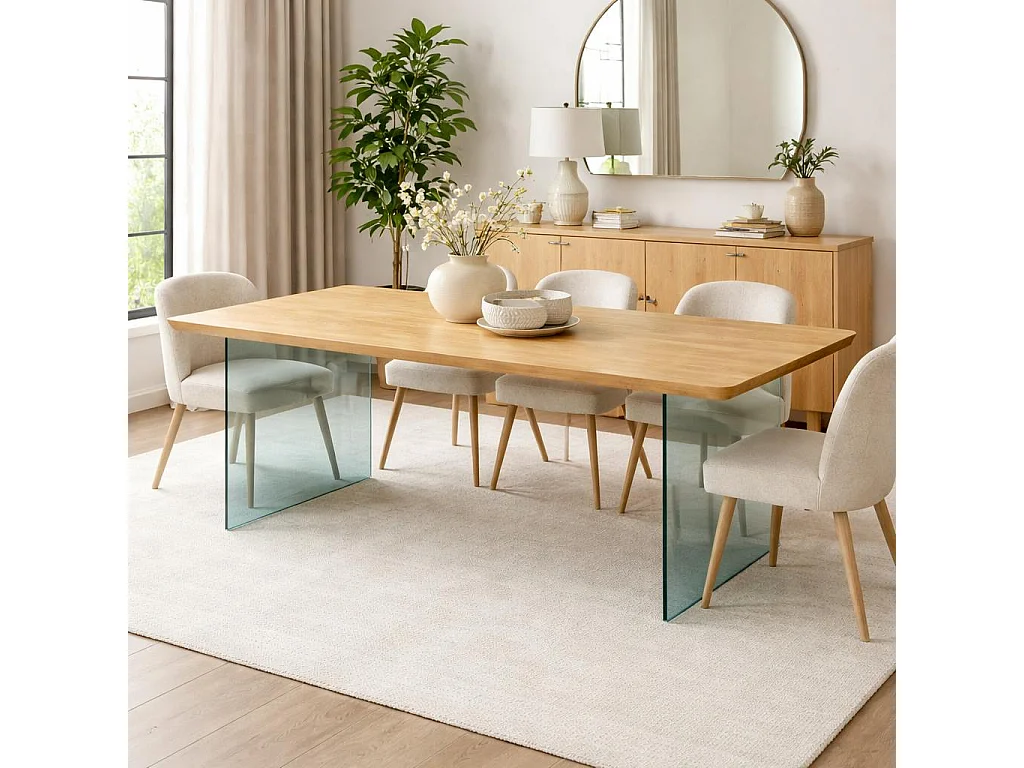 Table extensible chêne huilé bords biseautés pieds verre 220 cm PALERME