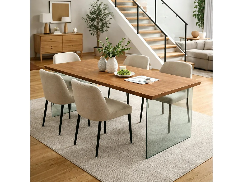 Table extensible chêne brun bords biseautés pieds verre 200 cm PALERME