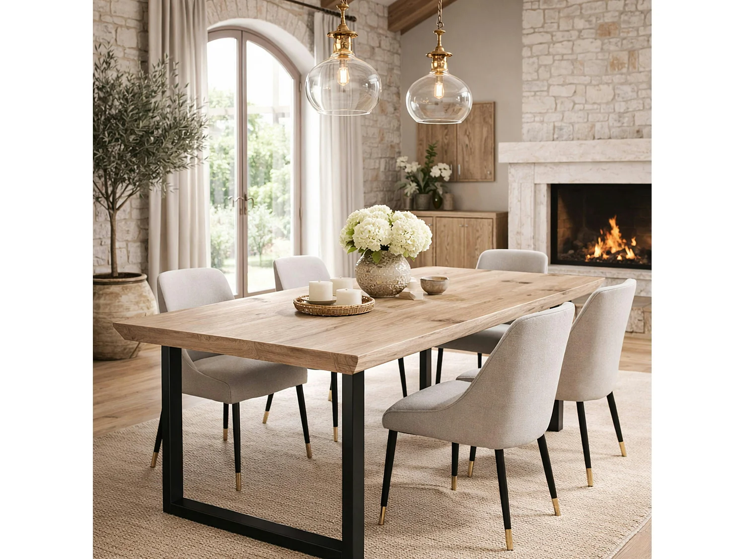 Table extensible chêne grisé bords biseautés pieds en U 180 cm PALERME